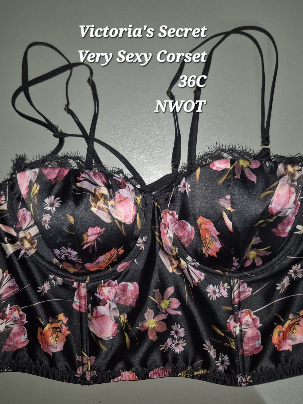 Victoria's Secret Floral Corset Bustier - Black with Pink Floral